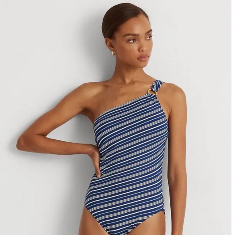 LAUREN RALPH LAUREN STRIPED ONE SHOULDER 
ONE PIECE SWIMWEAR.